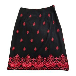 Oscar De la Renta Wool Blend Black Red Embroidery A-Line Side Zipper Skirt
